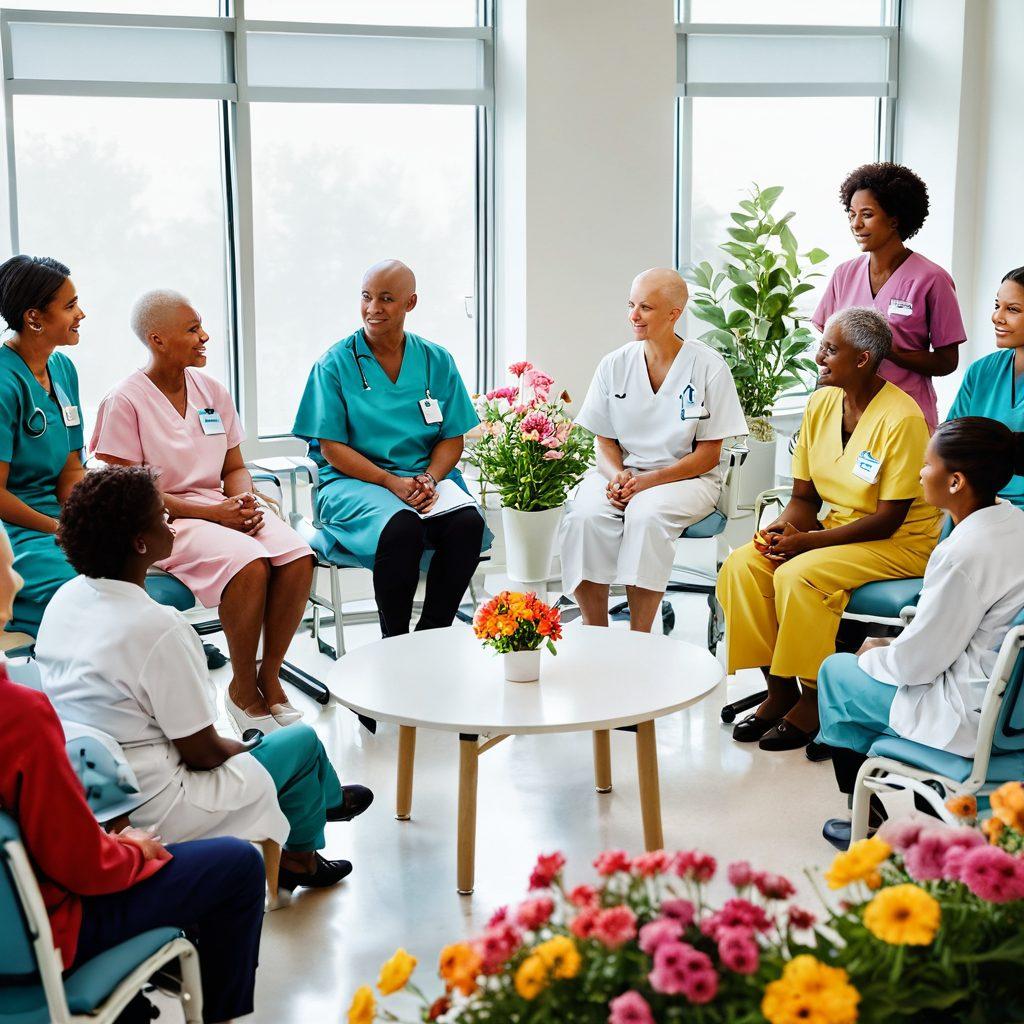 A serene hospital scene showcasing a diverse group of cancer patients and caregivers, engaged in a warm support group discussion. Surround them with advanced medical technology and vibrant, blooming flowers symbolizing hope and resilience. Include an uplifting color palette that radiates positivity and healing. super-realistic. vibrant colors. white background.