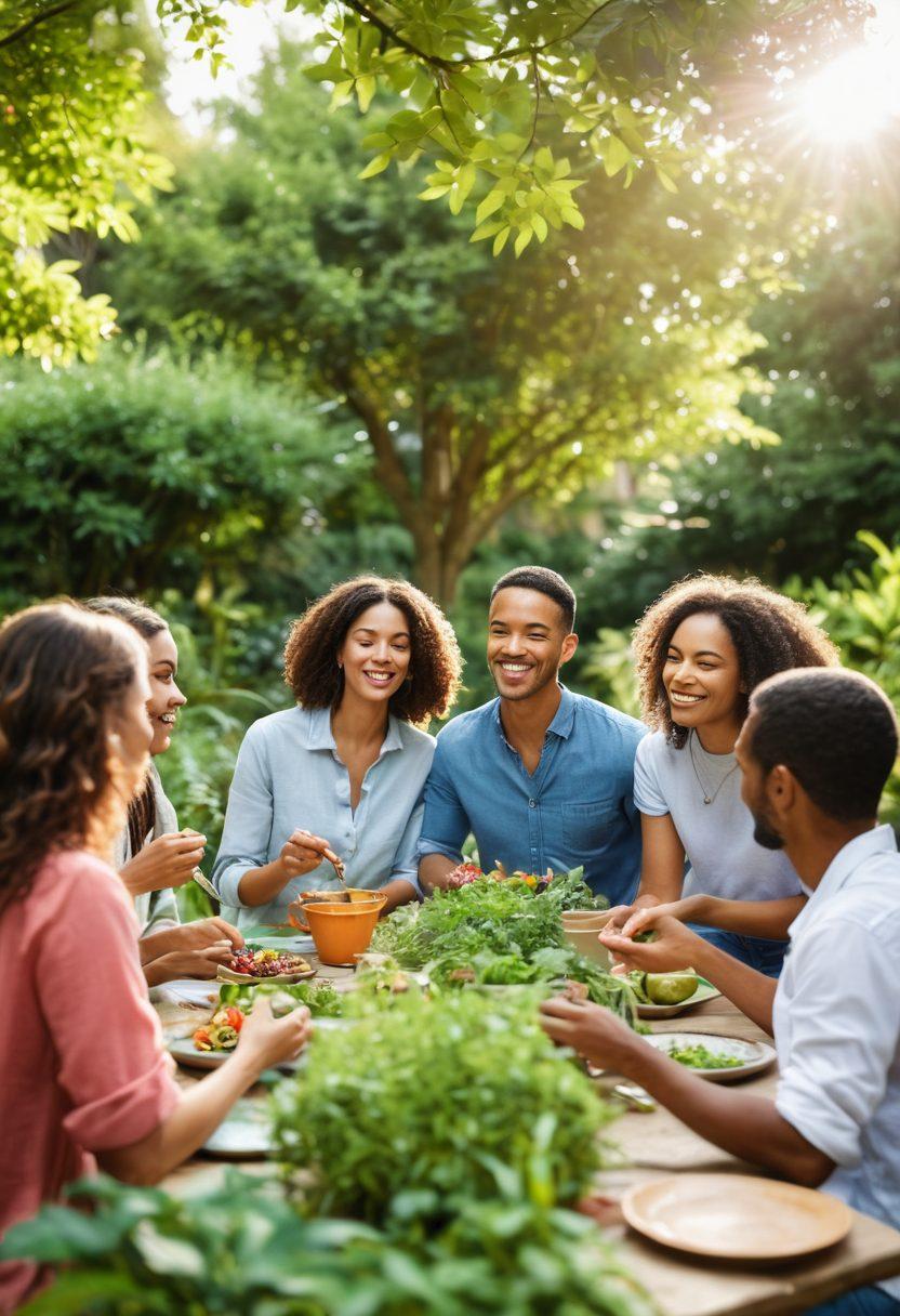 A serene gathering of a diverse group of people in a lush garden, sharing healthy meals, practicing mindfulness together, and participating in gardening. The atmosphere is warm and inviting, showcasing strong bonds and communal support. Soft sunlight filtering through trees enhances the peaceful vibe. Focus on smiles, teamwork, and connection. vibrant colors. soft focus. natural light.